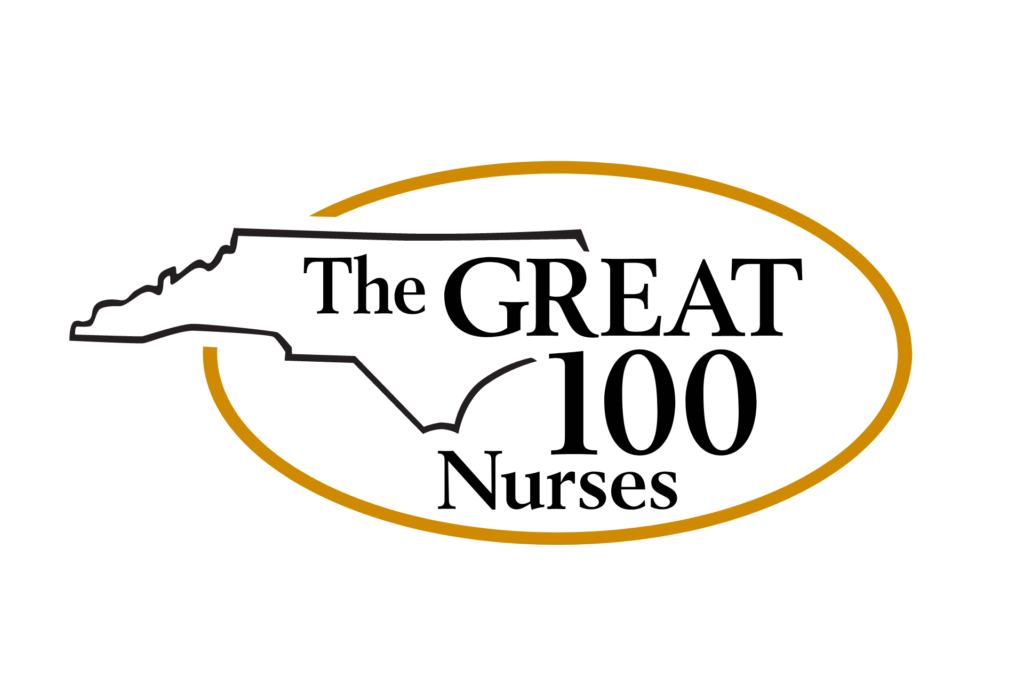 Logo with an outline of North Carolina and the words The GREAT 100 Nurses inside a gold oval.