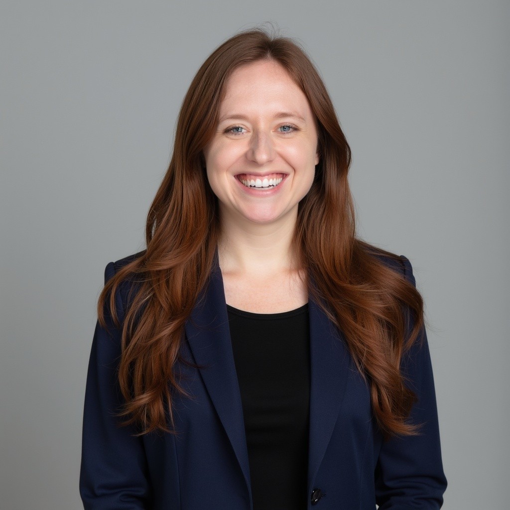 A woman with long red hair, wearing a navy blazer over a black top, smiles at the camera against a plain gray background.