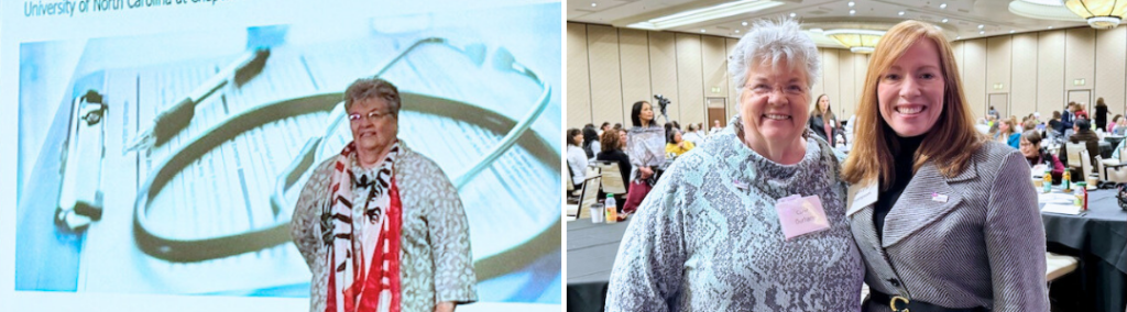 Split image: On the left, an older woman stands in front of a screen displaying medical equipment. On the right, two women, one older, one younger, smile at the camera at a large indoor event with many attendees.