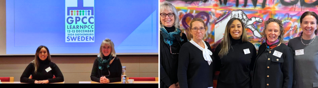 Two images: Left—two women sit at a conference table in front of a screen showing the GPCC LEARNPCC Sweden event logo. Right—five women pose and smile together in front of a colorful, graffiti-style wall.