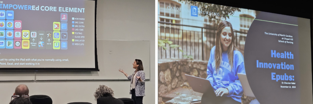 A woman presents to an audience in a classroom with a screen showing iPad app icons, while another slide displays a student using a laptop with the title Health Innovation Epubs.