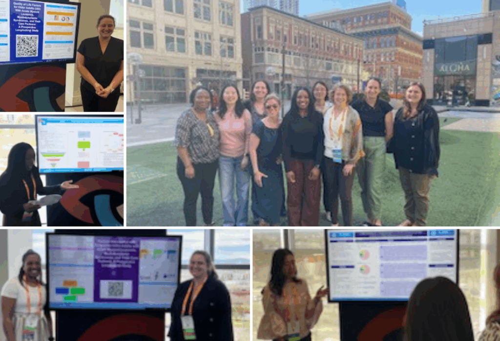 A collage shows women presenting research posters indoors and a group of eleven women smiling outdoors in an urban area. The group is diverse, and the event appears to be an academic or professional conference.