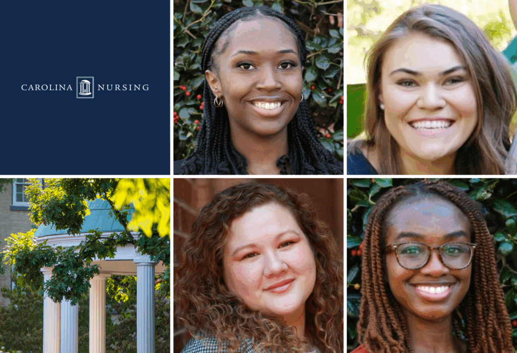 A grid with five portraits of smiling women, the Carolina Nursing logo, and an image of the Old Well landmark with leafy trees, representing diversity in nursing students at UNC.