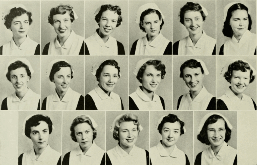 A black and white photo grid of 18 women in uniform, likely nurses, arranged in three rows. Most are smiling and wearing dark dresses with white collars; some have nurse caps. The image appears vintage, possibly from a yearbook.