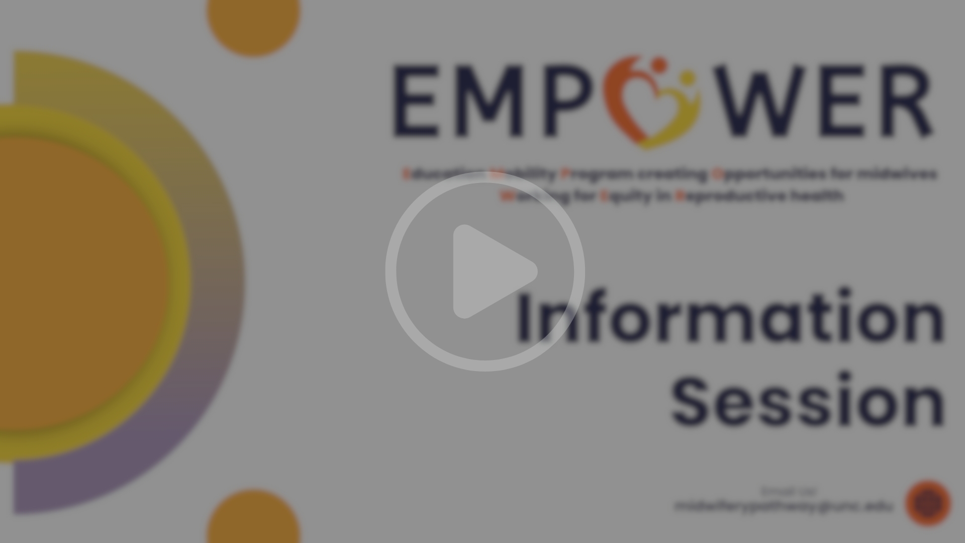 Blurry image with a play button overlay. Text reads: EMPOWER Information Session. Education-Mobility program for midwives. Email: midwiferypathway@son.ucla.edu. Orange and yellow circle designs in background.