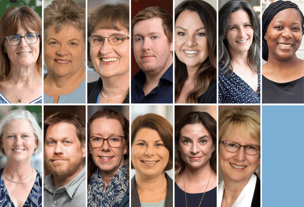 A collage of 13 diverse adults, men and women, smiling in individual portrait photos, arranged in two rows against light, neutral backgrounds with a vertical blue rectangle on the right edge.