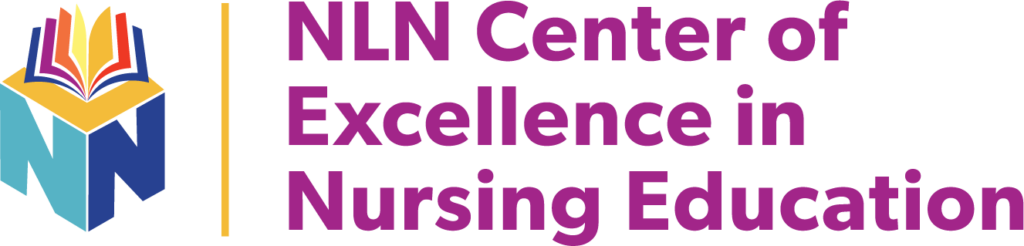 Logo for the NLN Center of Excellence in Nursing Education, featuring an open book above interlocking blue N shapes, with the organizations name in bold purple text on the right.