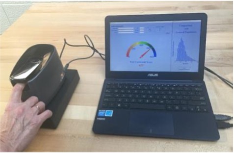 A person places a finger on a black device connected to a laptop displaying data and a graph on its screen, both resting on a wooden table.