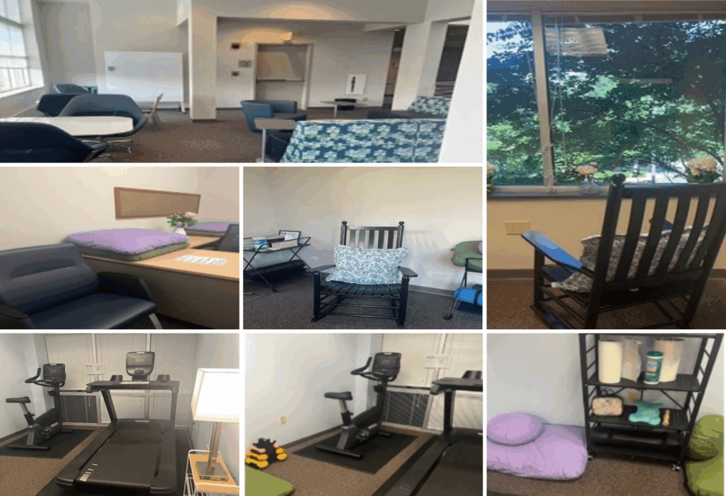A collage shows cozy rooms with cushioned chairs, beds with pillows, rocking chairs, treadmills, large windows, and shelves holding yoga mats and blankets, suggesting spaces for relaxation or wellness activities.