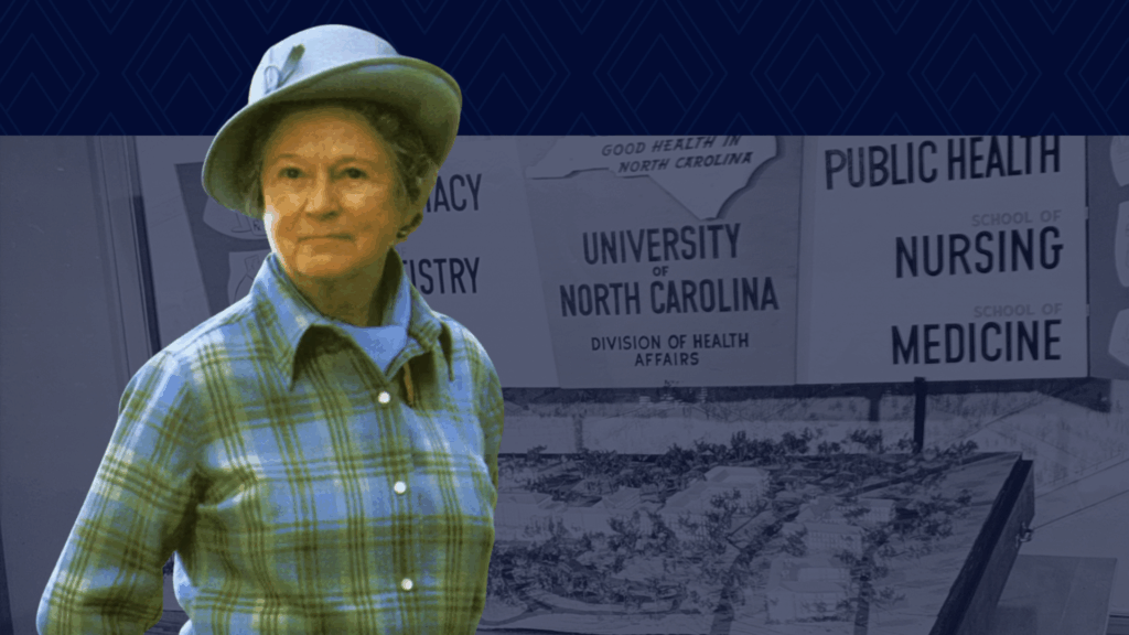 An older woman in a plaid shirt and hat stands in front of vintage University of North Carolina health-related banners and displays, including Public Health, Nursing, and Medicine.