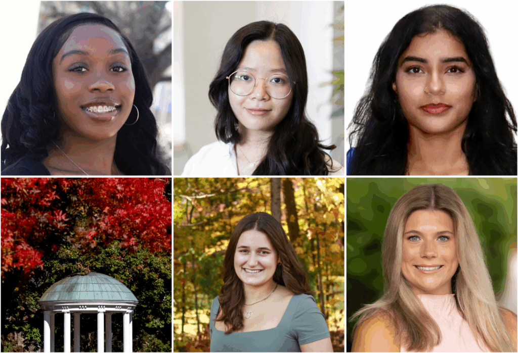 A collage with five individual portraits of young women and one photo of a white gazebo with columns surrounded by red autumn foliage. The women have diverse hair colors and styles, against various indoor and outdoor backgrounds.