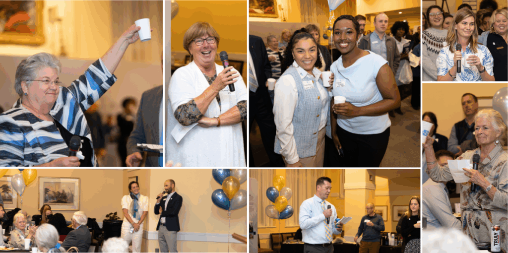A collage of people at a celebration event, smiling, raising cups, speaking into microphones, posing for photos, and mingling. Balloons and decorations suggest a festive atmosphere in a well-lit indoor space.