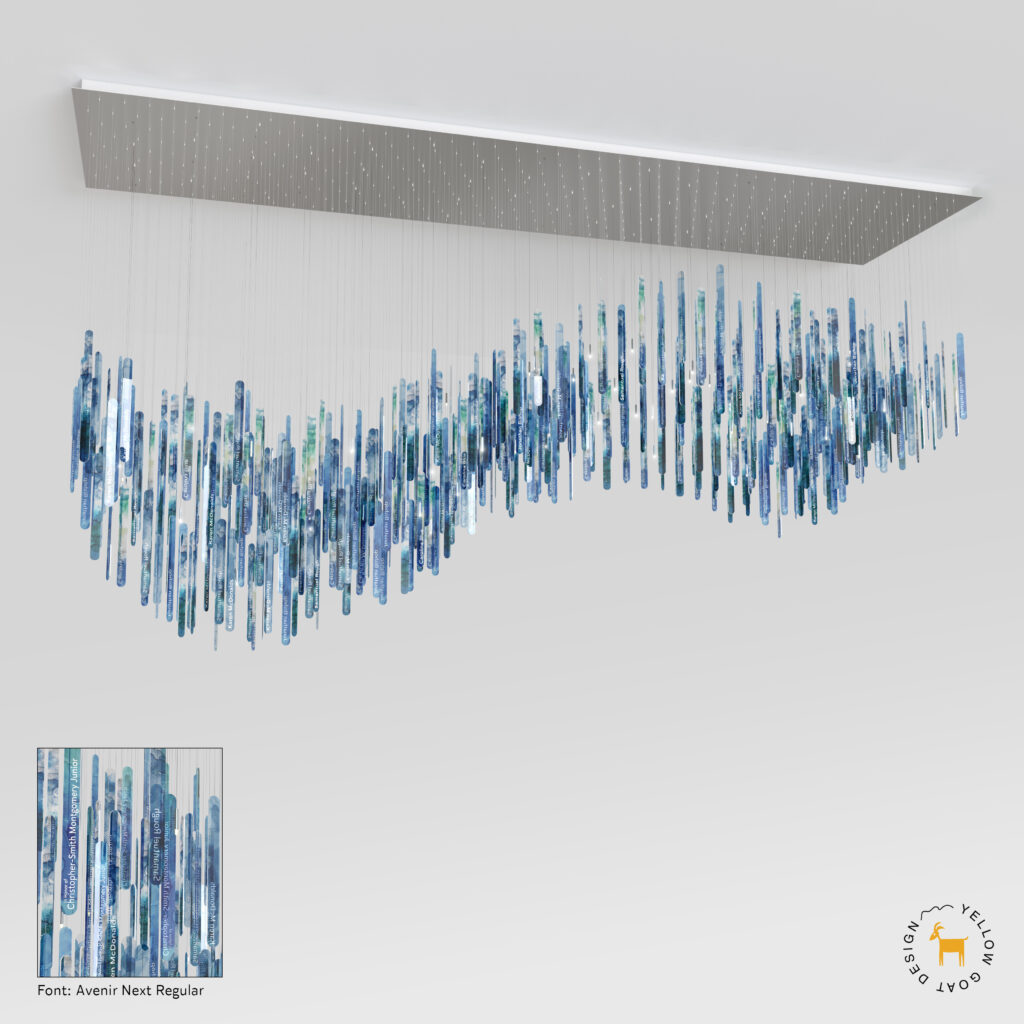 A modern chandelier with numerous blue and clear glass rods hanging from a rectangular ceiling mount, forming a wavy pattern. Inset shows a close-up of the rods. Yellow Goat Design logo is in the bottom right corner.