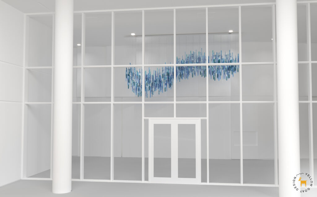 A modern, white building interior with tall glass walls and double doors. Blue hanging art installation with vertical rods forms a wave shape above the entrance.