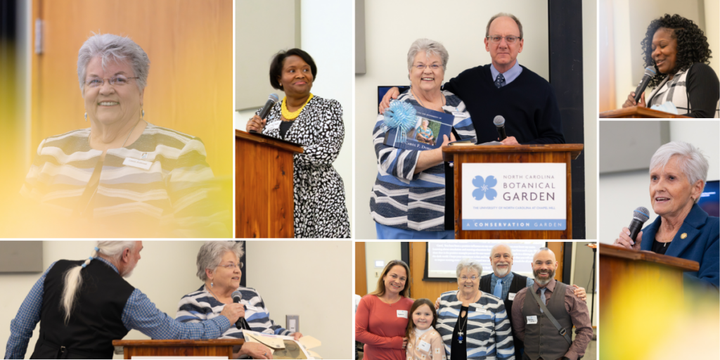 A collage of people speaking at a podium, posing together, and smiling during an indoor event at the North Carolina Botanical Garden. Signs, microphones, and happy interactions are visible throughout the images.