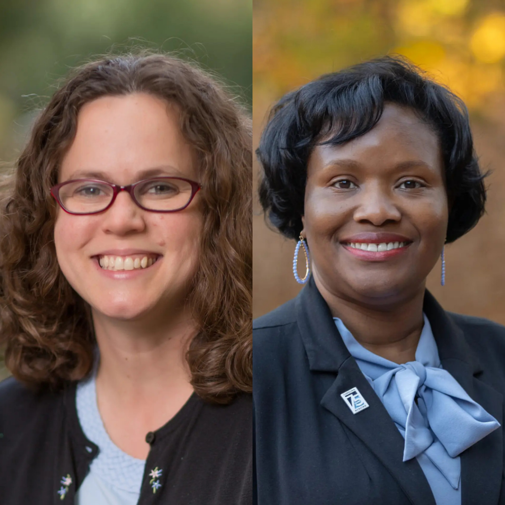 Two women smiling outdoors, side by side in a split image. The woman on the left has curly brown hair and glasses, and the woman on the right has short black hair and wears a suit with a blue scarf.
