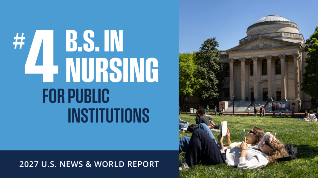 Students lay on grass reading in front of a domed campus building. Text reads: #4 B.S. in Nursing for Public Institutions. 2027 U.S. News & World Report..